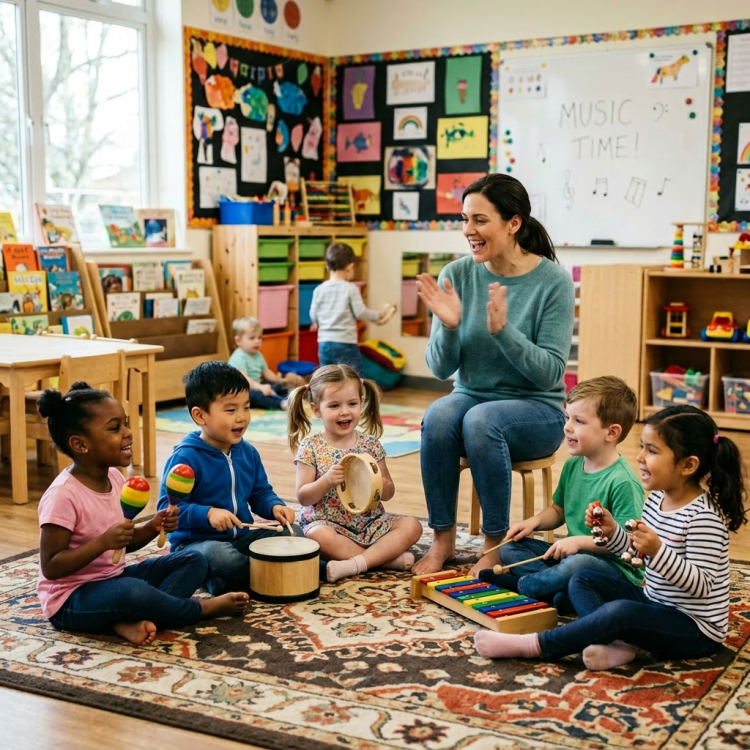 Teacher playing guitar with preschool children using various musical instruments in classroom