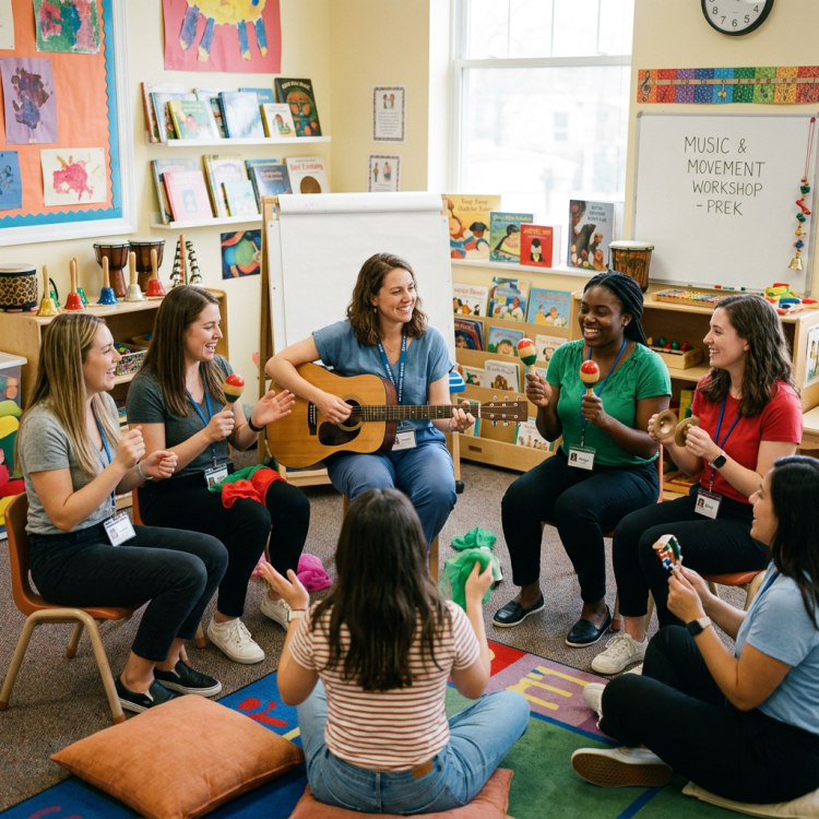 Group of teachers and a child participating in a music and movement workshop with instruments