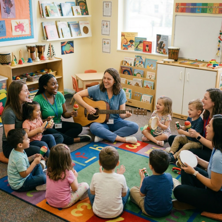 Children and teachers sitting in a circle playing musical instruments and singing