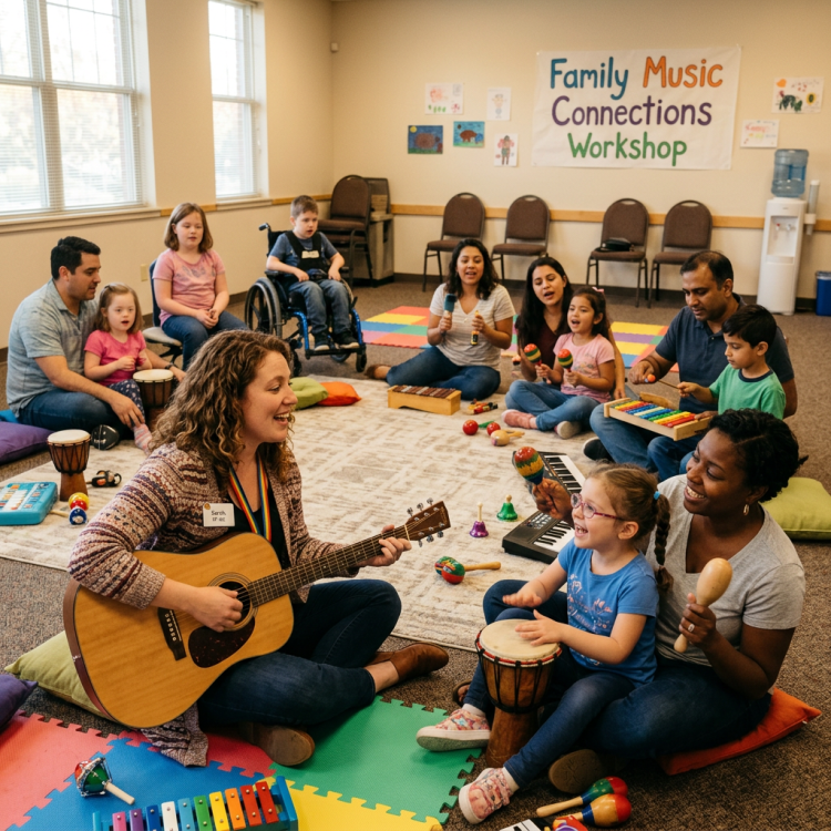 Group of adults and children playing musical instruments in a family music workshop