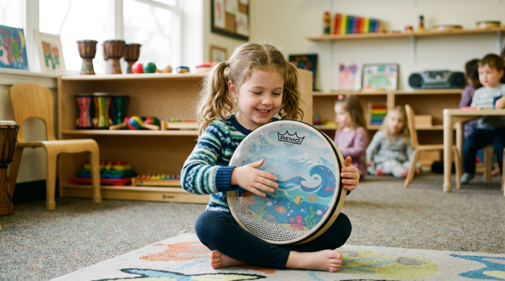 A young girl with curly hair sits on a colorful rug, playing a hand drum with a joyful expression. In the background, other children are engaged in activities and musical instruments are visible on shelves.