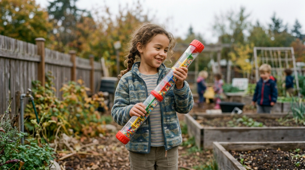 A young child with curly hair smiles while holding a colorful toy in a garden setting with other children visible in the background.