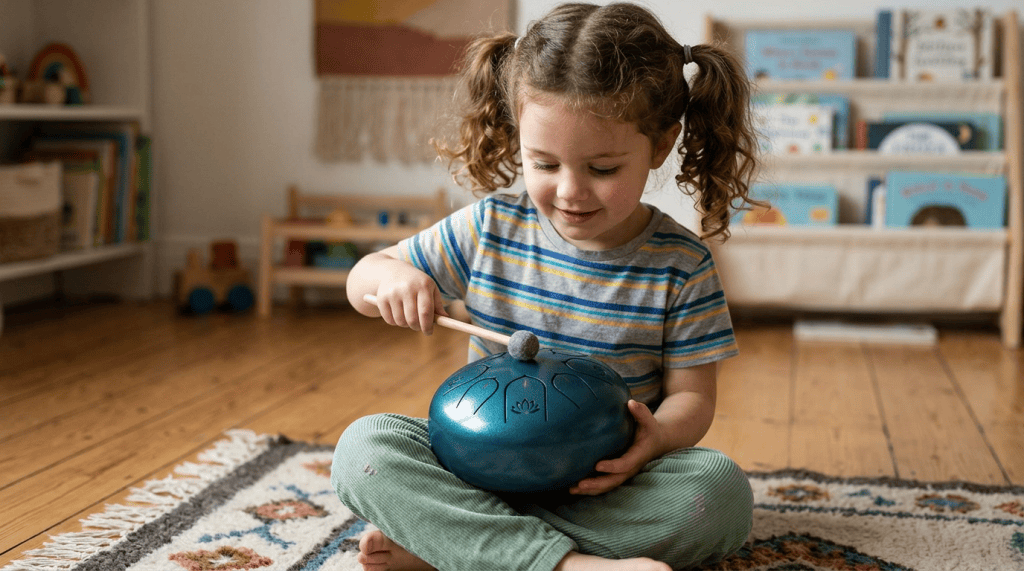 A young child playing a blue handpan drum with a mallet while sitting on a rug in a cozy room filled with bookshelves.