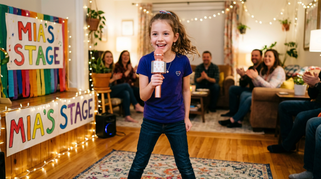 A young girl in a purple shirt is joyfully singing into a microphone on a small stage decorated with colorful banners that read 'MIA'S STAGE'. Behind her, a group of smiling adults are clapping and enjoying the performance in a warmly lit living room.