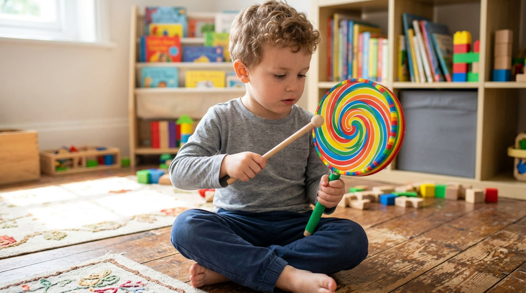 A young boy with curly hair sitting on a wooden floor, playing with a colorful swirl lollipop while holding a drumstick, surrounded by toys and books in the background.