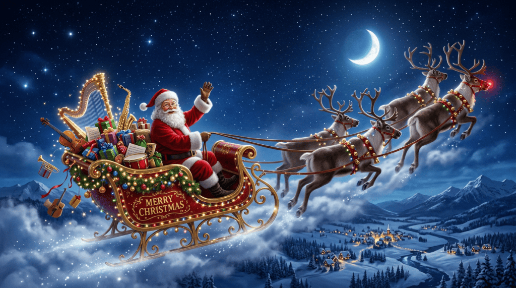 Santa Claus waving from his sleigh filled with gifts, flying through a starry night sky with reindeer, surrounded by snowy mountains and a crescent moon.