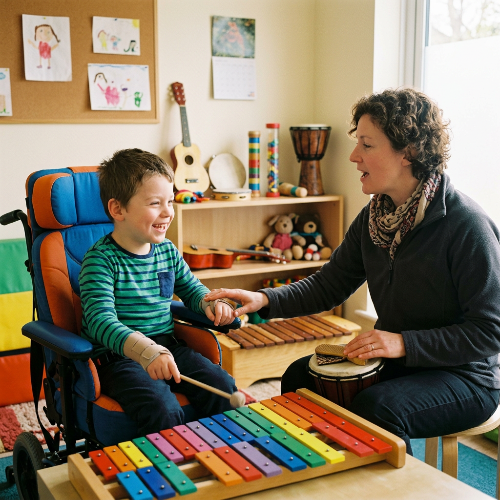 Music therapy session with child and therapist